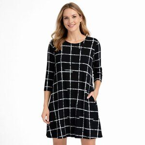 Sympli Trapeze 3/4 Sleeve Dress Women's Size 8 Black White Crosshatch Abstract